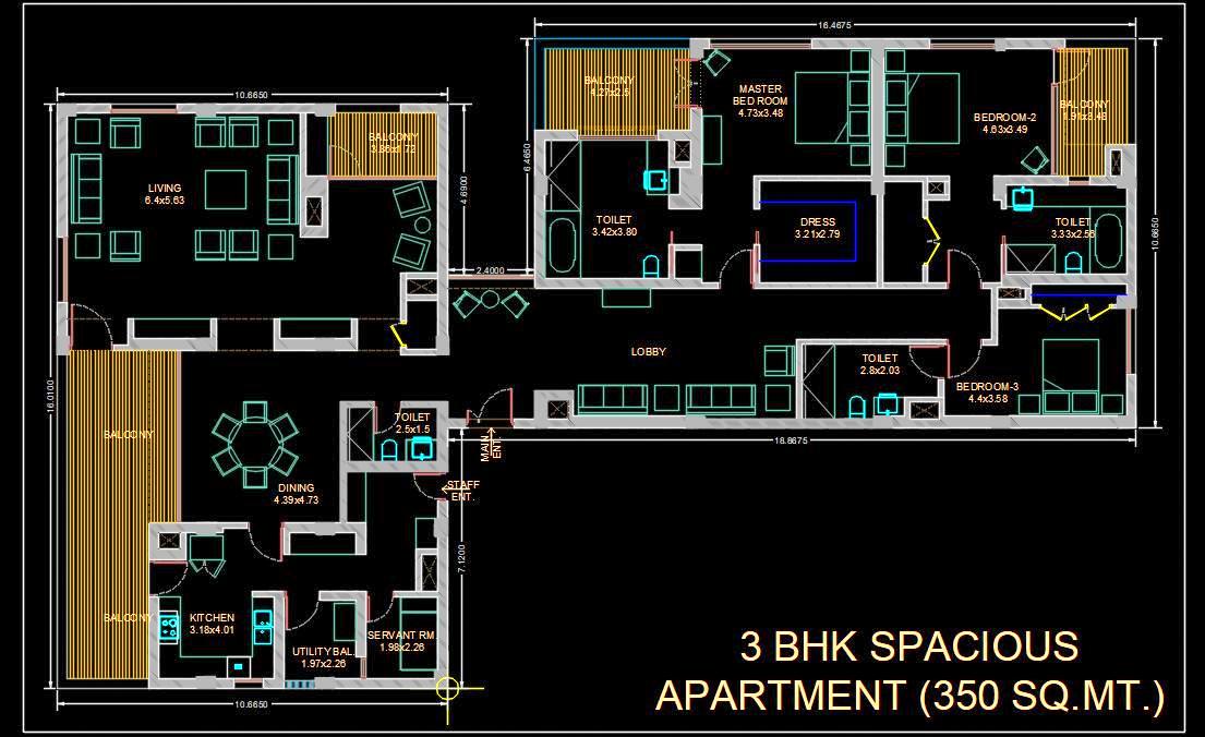 L-Shaped 3 BHK Apartment Layout - AutoCAD Drawing